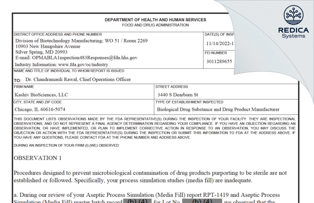 FDA 483 - Kashiv BioSciences, LLC [Chicago / United States of America] - Download PDF - Redica Systems