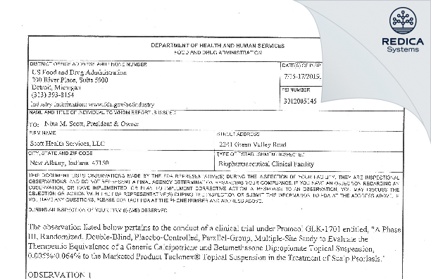 FDA 483 - SCOTT HEALTH SERVICES, LLC [New Albany / United States of America] - Download PDF - Redica Systems