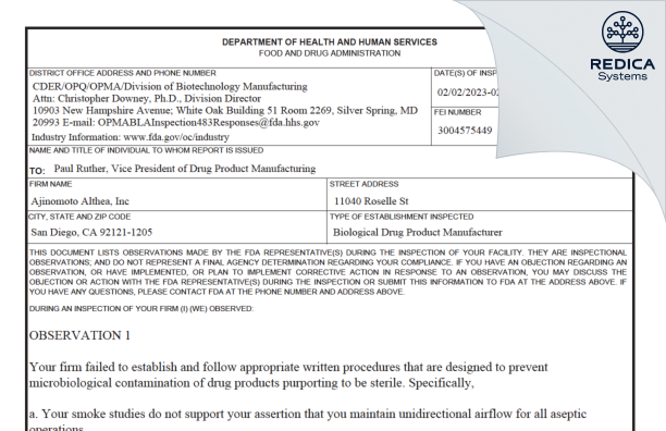 FDA 483 - Ajinomoto Althea, Inc. [San Diego / United States of America] - Download PDF - Redica Systems