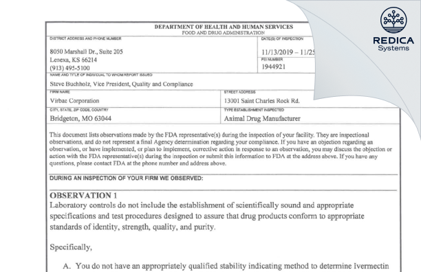 FDA 483 - Virbac Corporation [Bridgeton / United States of America] - Download PDF - Redica Systems