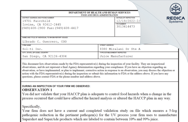 FDA 483 - Sol-ti Inc. [San Diego / United States of America] - Download PDF - Redica Systems