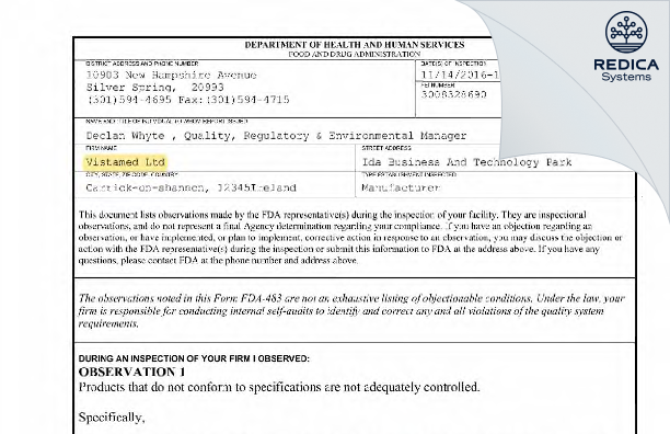 FDA 483 - Vistamed Ltd [Shannon / Ireland] - Download PDF - Redica Systems