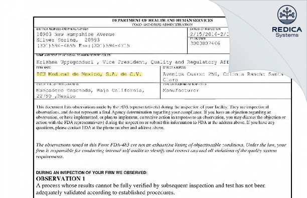 FDA 483 - ICU Medical de Mexico, S.A. de C.V. [Ensenada / Mexico] - Download PDF - Redica Systems