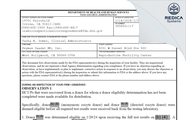 FDA 483 - Peymamn Saadat MD Inc [West Hollywood / United States of America] - Download PDF - Redica Systems