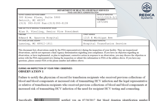 FDA 483 - Edward W. Sparrow Hospital [Lansing / United States of America] - Download PDF - Redica Systems