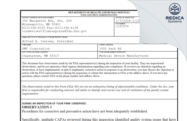 FDA 483 - P.M.T. Corp [Chanhassen / United States of America] - Download PDF - Redica Systems