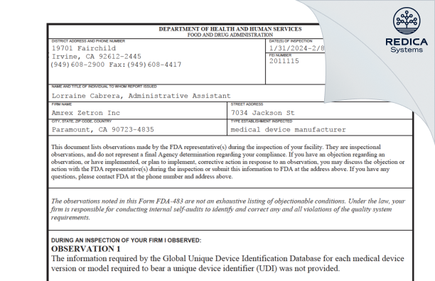 FDA 483 - Amrex Zetron Inc [Paramount / United States of America] - Download PDF - Redica Systems