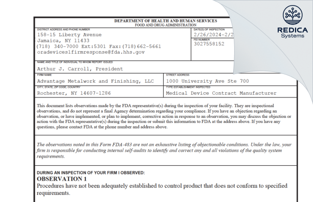 FDA 483 - Advantage Metalwork and Finishing, LLC [Rochester / United States of America] - Download PDF - Redica Systems