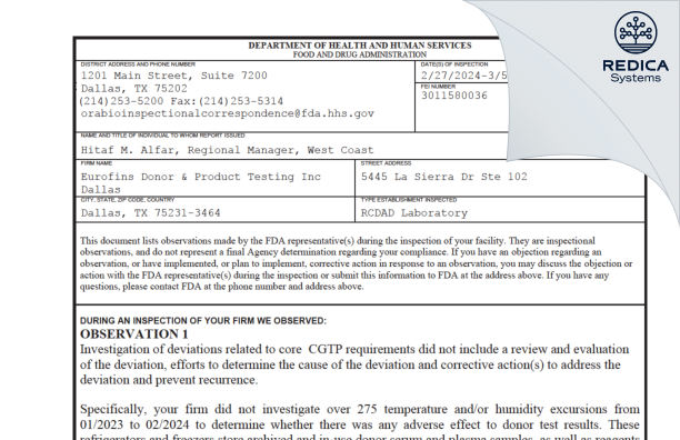 FDA 483 - VRL Eurofins [Dallas / United States of America] - Download PDF - Redica Systems