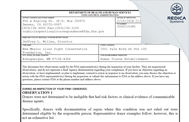 FDA 483 - New Mexico Lions Sight Conservation Foundation, Inc. [Albuquerque / United States of America] - Download PDF - Redica Systems