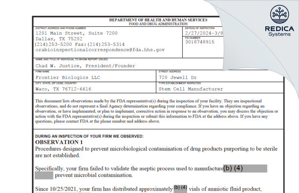 FDA 483 - Frontier Biologics LLC [- / United States of America] - Download PDF - Redica Systems