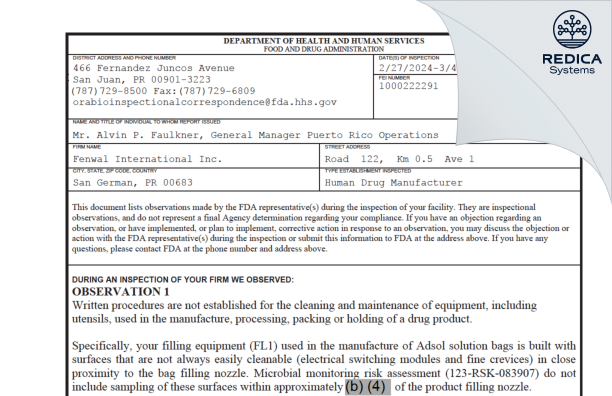 FDA 483 - FENWAL INTERNATIONAL, INC. [Rico / United States of America] - Download PDF - Redica Systems