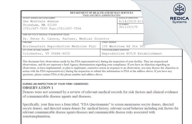 FDA 483 - Northeastern Reproductive Medicine PLLC [Colchester / United States of America] - Download PDF - Redica Systems