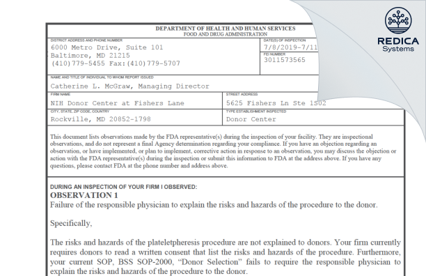 FDA 483 - NIH Donor Center at Fishers Lane [Rockville / United States of America] - Download PDF - Redica Systems