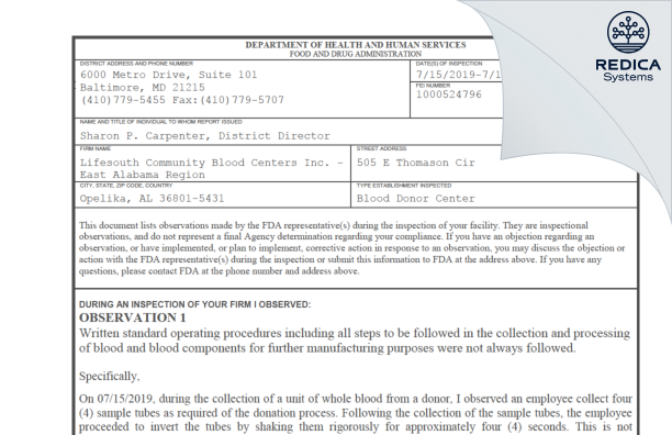 FDA 483 - Lifesouth Community Blood Centers Inc. - East Alabama Region [Opelika / United States of America] - Download PDF - Redica Systems