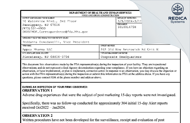 FDA 483 - APPCO PHARMA LLC [Piscataway / United States of America] - Download PDF - Redica Systems