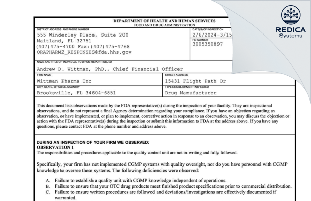 FDA 483 - Wittman Pharma, Inc. [Brooksville Florida / United States of America] - Download PDF - Redica Systems