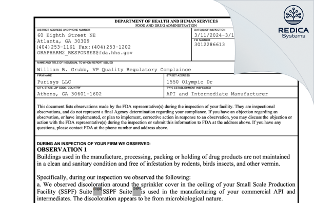 FDA 483 - Purisys LLC [Athens Georgia / United States of America] - Download PDF - Redica Systems