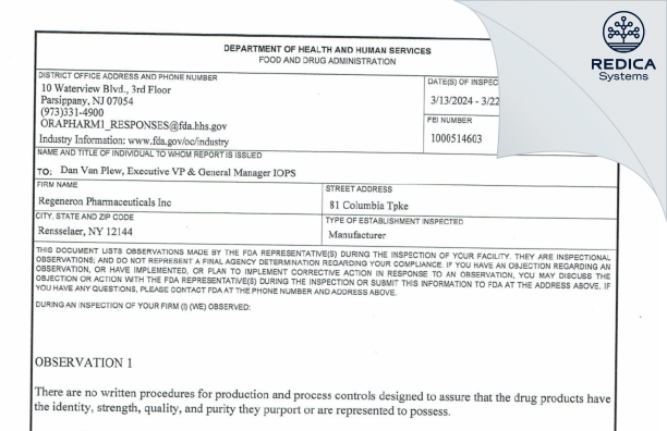 FDA 483 - Regeneron Pharmaceuticals, Inc. [New York / United States of America] - Download PDF - Redica Systems