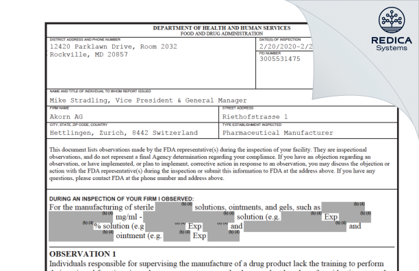 FDA 483 - Ophtapharm AG [Hettlingen / Switzerland] - Download PDF - Redica Systems