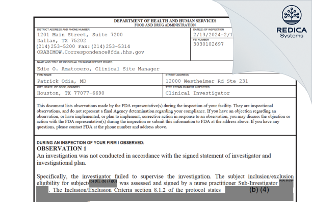 FDA 483 - Patrick Odia, MD [- / United States of America] - Download PDF - Redica Systems