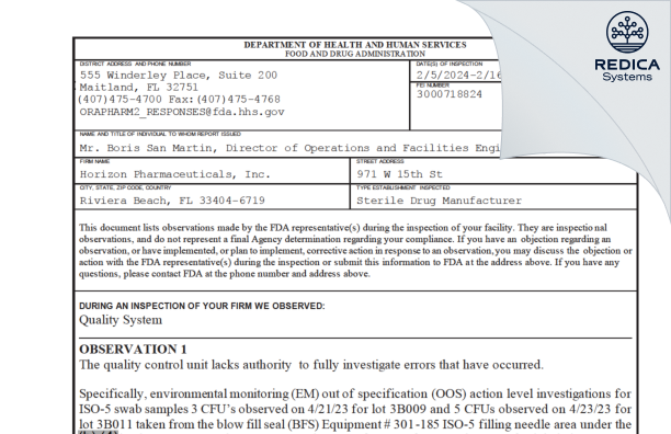 FDA 483 - Horizon Pharmaceuticals , Inc. [Riviera Beach / United States of America] - Download PDF - Redica Systems