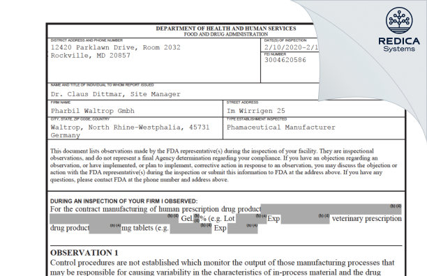 FDA 483 - Pharbil Waltrop GmbH [Waltrop / Germany] - Download PDF - Redica Systems