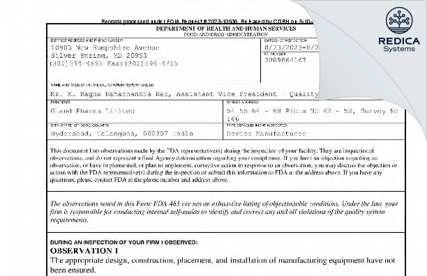 FDA 483 - CI.STATEZPCODE COUNTRY [- / India] - Download PDF - Redica Systems