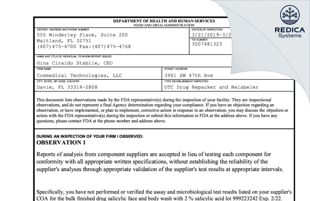 FDA 483 - CosMedical Technologies, LLC [Florida / United States of America] - Download PDF - Redica Systems