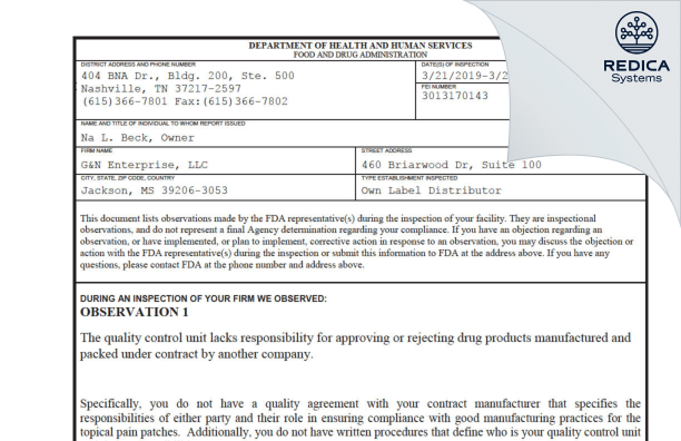 FDA 483 - G&N Enterprise, LLC [Jackson / United States of America] - Download PDF - Redica Systems