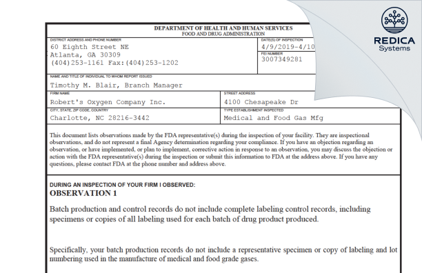 FDA 483 - Roberts Oxygen Company, Inc. [Charlotte / United States of America] - Download PDF - Redica Systems