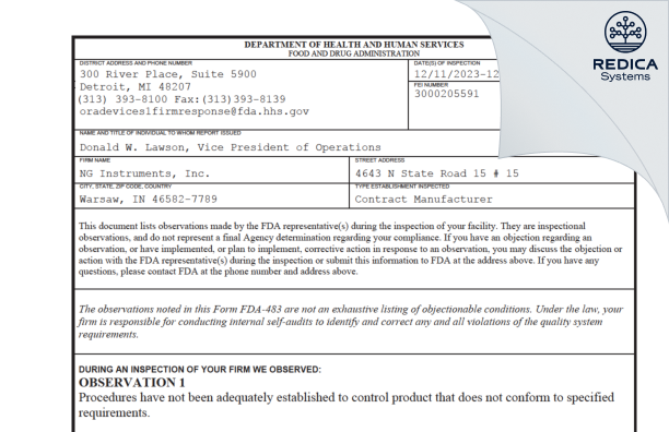 FDA 483 - NG Instruments, Inc. [Warsaw / United States of America] - Download PDF - Redica Systems