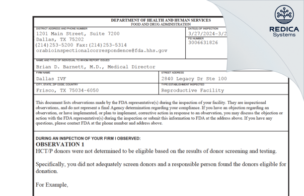 FDA 483 - Dallas IVF [Frisco / United States of America] - Download PDF - Redica Systems