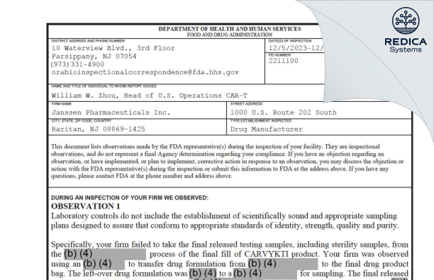 FDA 483 - Janssen Pharmaceuticals Inc. [Raritan / United States of America] - Download PDF - Redica Systems