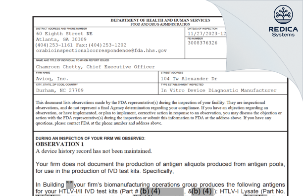 FDA 483 - Avioq, Inc. [Durham / United States of America] - Download PDF - Redica Systems