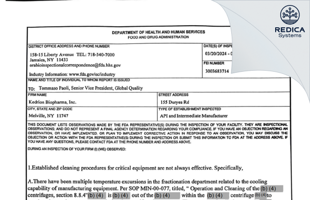 FDA 483 - Kedrion Biopharma Inc. [Melville / United States of America] - Download PDF - Redica Systems