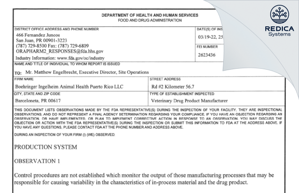 FDA 483 - Boehringer Ingelheim Animal Health Puerto Rico LLC [Rico / United States of America] - Download PDF - Redica Systems
