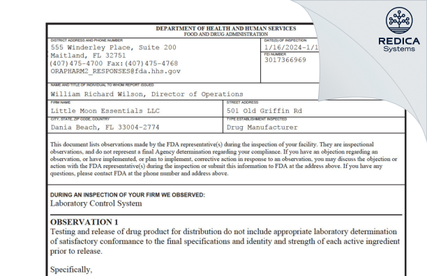 FDA 483 - Little Moon Essentials [Dania Beach Florida / United States of America] - Download PDF - Redica Systems