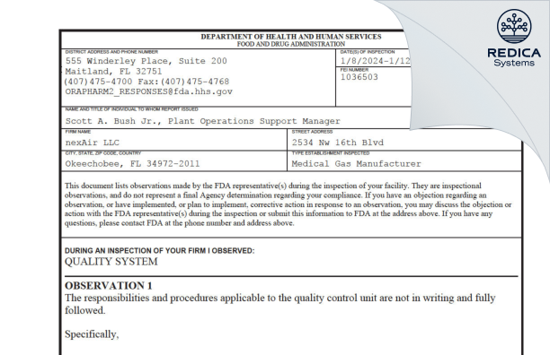FDA 483 - Nexair, LLC [Okeechobee / United States of America] - Download PDF - Redica Systems