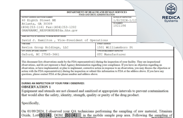 FDA 483 - REVLON, INC. [Oxford / United States of America] - Download PDF - Redica Systems
