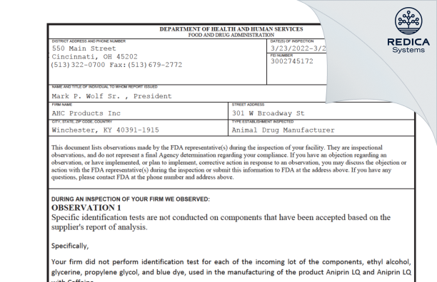 FDA 483 - AHC Products Inc [Winchester / United States of America] - Download PDF - Redica Systems