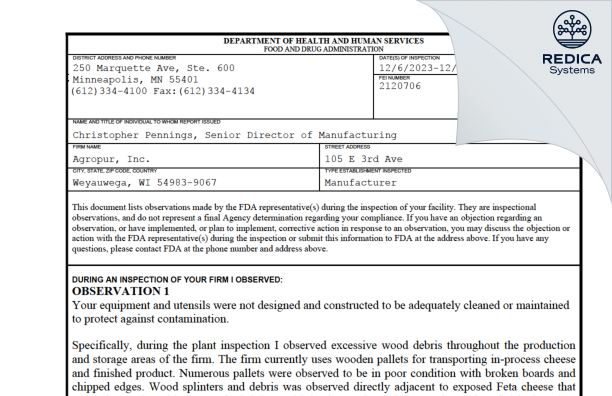 FDA 483 - Agropur, Inc. [Weyauwega / United States of America] - Download PDF - Redica Systems