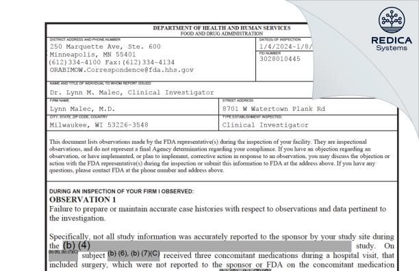 FDA 483 - Lynn Malec, M.D. [Milwaukee / United States of America] - Download PDF - Redica Systems