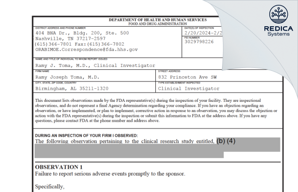 FDA 483 - Ramy Joseph Toma, M.D. [- / United States of America] - Download PDF - Redica Systems