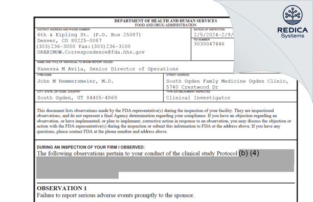 FDA 483 - John M Hemmersmeier, M.D. [Ogden / United States of America] - Download PDF - Redica Systems