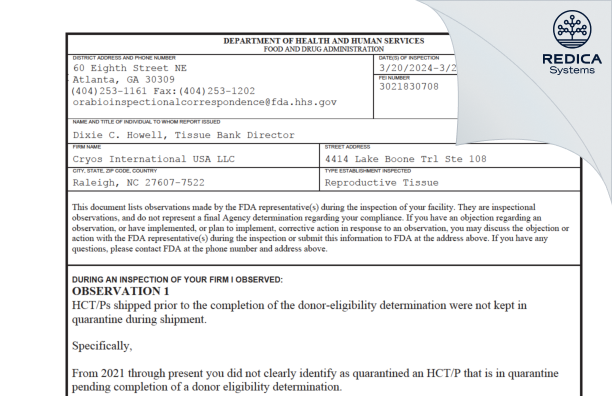 FDA 483 - Cryos International USA LLC [- / United States of America] - Download PDF - Redica Systems