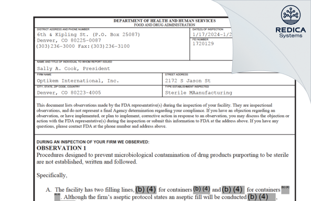 FDA 483 - Optikem International, Inc. [Denver / United States of America] - Download PDF - Redica Systems