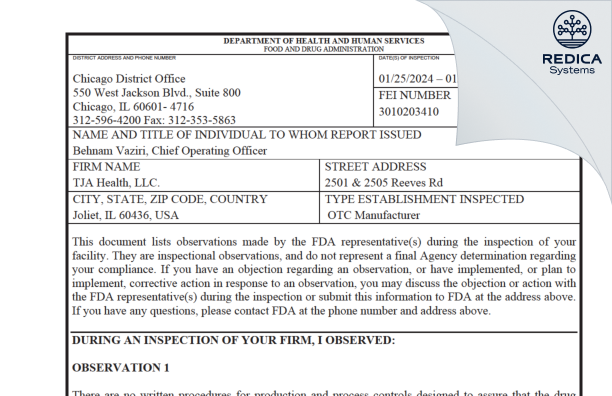 FDA 483 - TJA Health LLC [Joliet / United States of America] - Download PDF - Redica Systems