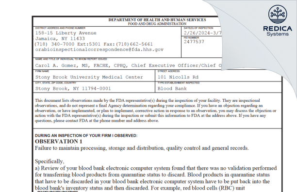 FDA 483 - Stony Brook University Medical Center [Stony Brook / United States of America] - Download PDF - Redica Systems