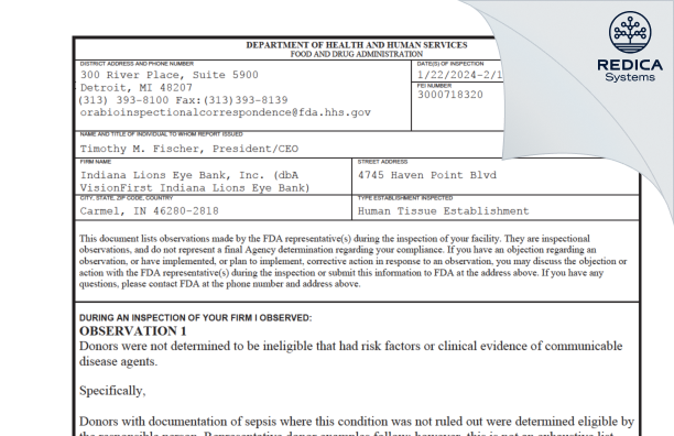 FDA 483 - Indiana Lions Eye Bank, Inc. (dbA VisionFirst Indiana Lions Eye Bank) [Carmel / United States of America] - Download PDF - Redica Systems